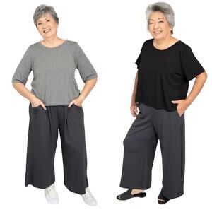 Allison Izu Black Wash Wide Leg Soft Ponte Pants Milo Size Large Lounge PRISTINE